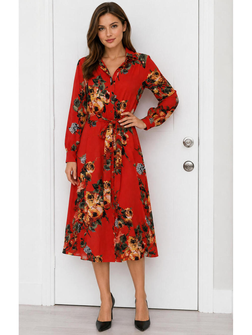 KINDOM Christine Red floral maxi shirt dress sz S